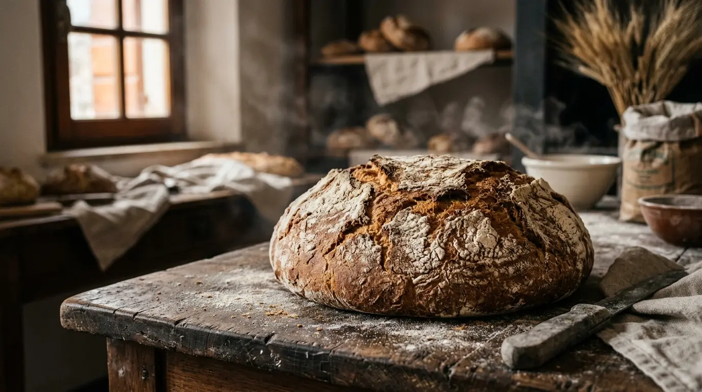 Pagnotta artigianale infarinata sul banco del forno
